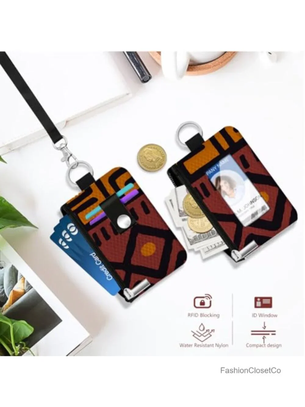 Mini Zip Card Case with ID Window RFID Blocking Keychain Wallet